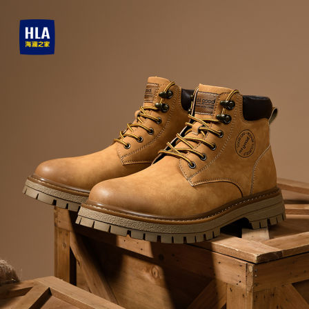 HLA/海澜之家男鞋2025新款马丁靴男士户外厚底高帮加绒保暖大黄靴