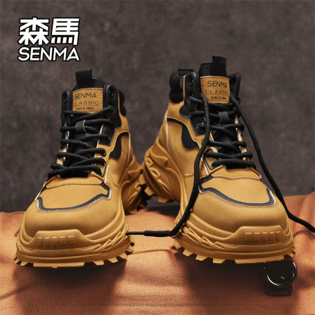 森马高帮男鞋冬季皮面防水厚底增高防滑耐磨户外运动工装马丁靴子