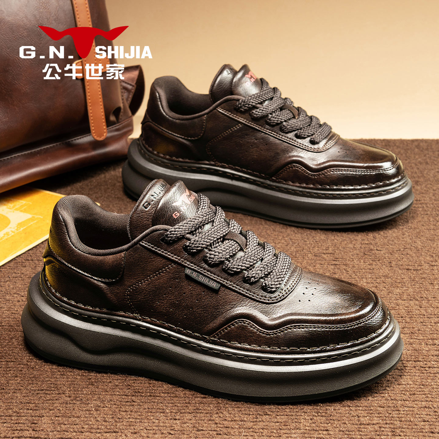 公牛世家男鞋板鞋秋冬超轻橡胶防滑复古皮鞋男英伦厚底运动休闲鞋主图