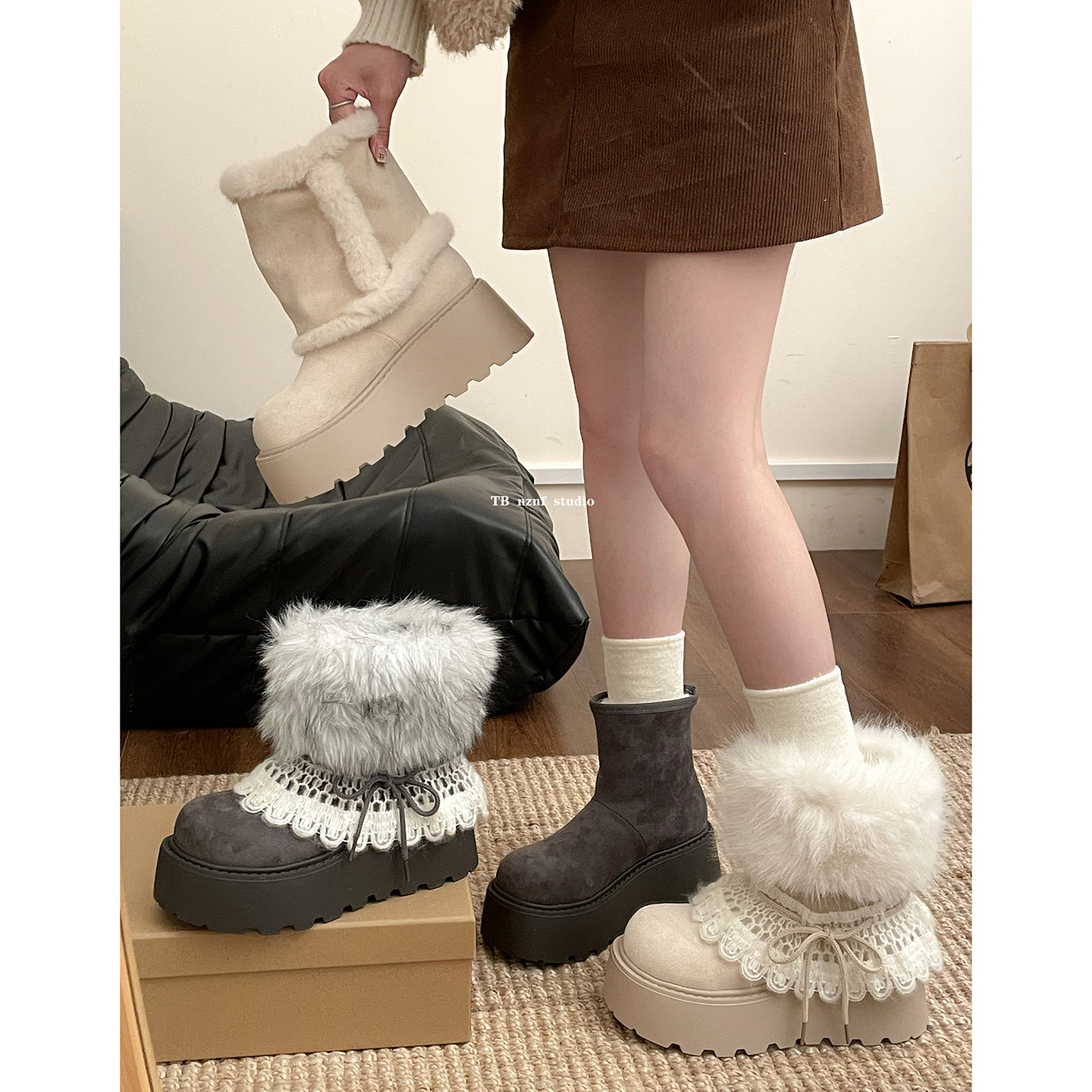 南在南方费尔岛保暖毛毛厚底雪地靴女款2025新款冬季加绒加厚棉鞋主图