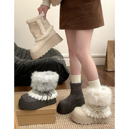 南在南方费尔岛保暖毛毛厚底雪地靴女款2025新款冬季加绒加厚棉鞋