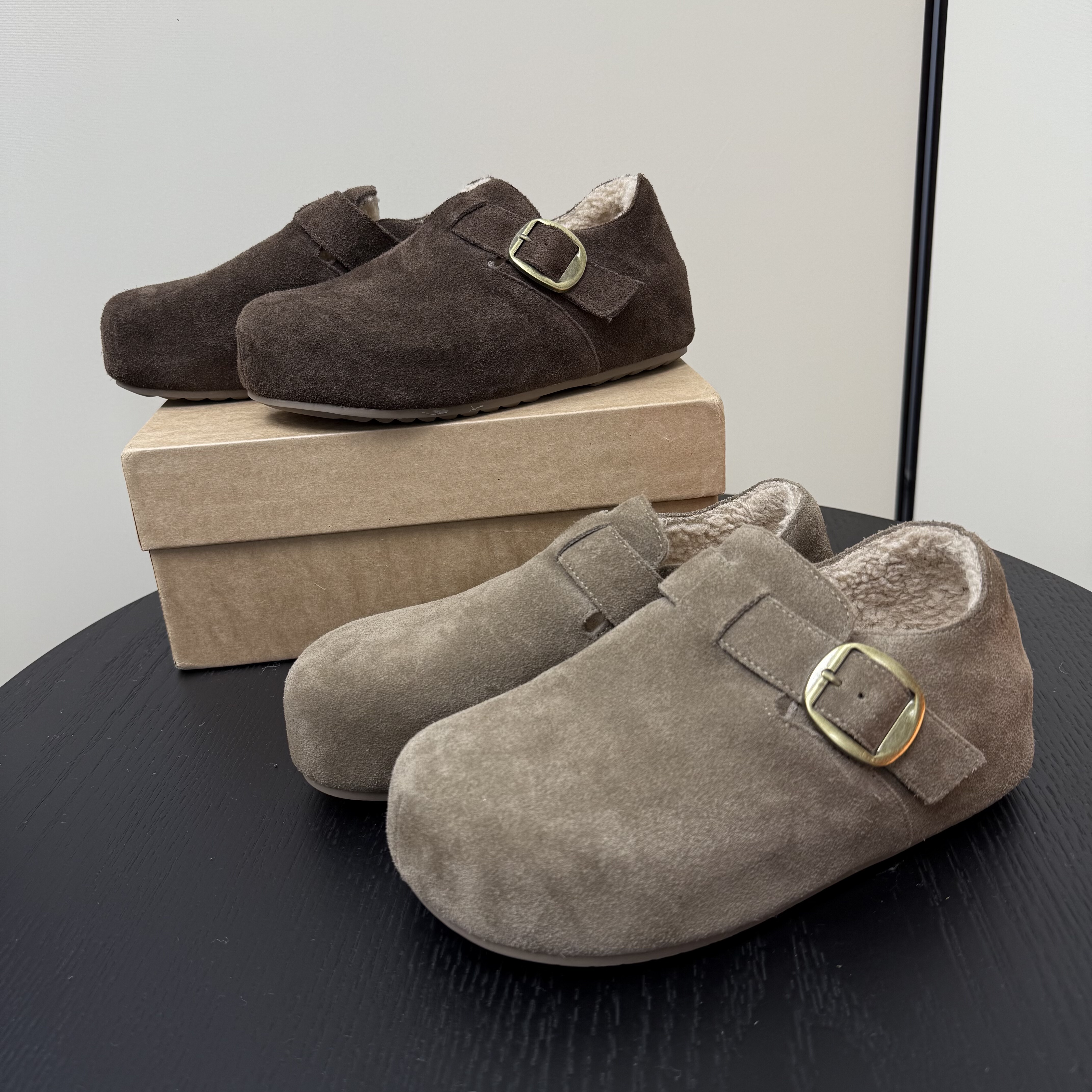 2025新款真皮牛皮厚底勃肯鞋女加绒保暖一脚蹬懒人鞋主图