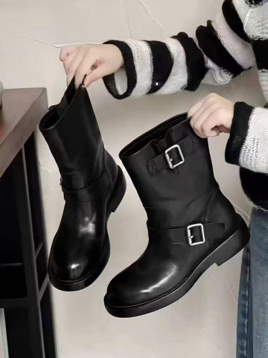 MFX 真皮厚底马丁靴女款皮带扣爆款骑士靴英伦风中筒靴28-105主图