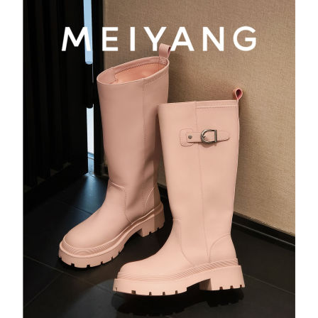 美洋MEIYANG 糖果少女长筒靴 甜美减龄~皮带扣装饰圆头粗跟骑士靴
