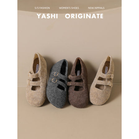 法式圆头双扣勃肯鞋2025年秋冬新款毛呢玛丽珍鞋百搭毛毛鞋单鞋女