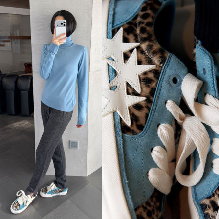 时髦爆炸！原渠道~水鸭蓝麂皮拼豹纹皮草粗鞋带板鞋/休闲鞋