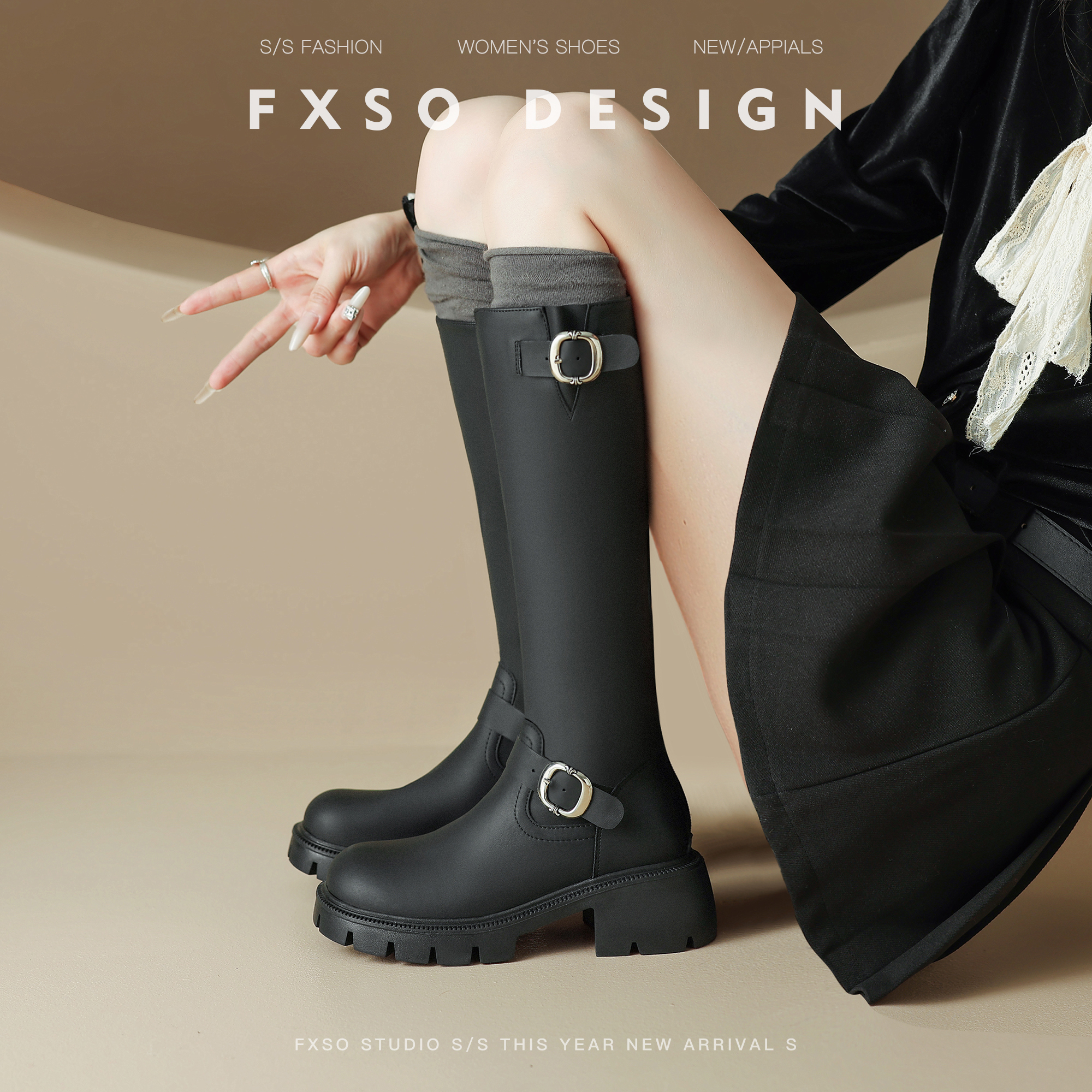 真皮方巷大叔2025秋冬新款皮带扣平口骑士靴女小个子增高高筒靴女主图