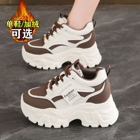女鞋秋冬季加绒老爹鞋厚底增高皮面白色休闲运动棉鞋旅游超火爆款