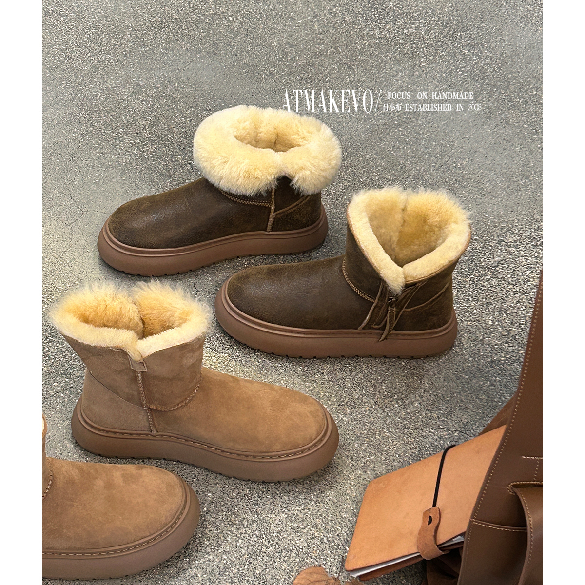 吕小布 | 羊皮毛一体V口侧拉链雪地靴 加厚加暖减龄保暖棉鞋短靴主图