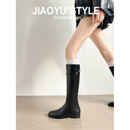 真皮~骄屿法式平底骑士靴小个子不过膝长筒靴直筒复古皮带扣长靴