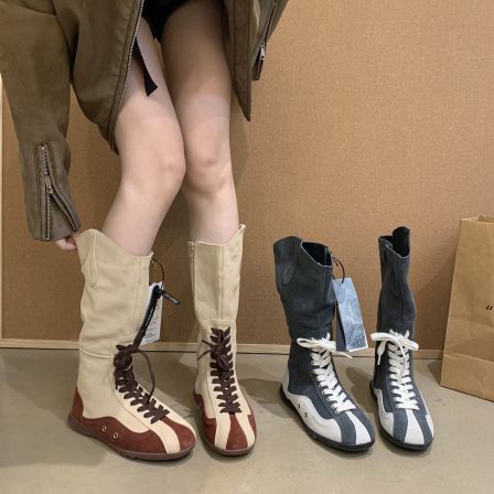 真皮版~ins时尚潮流运动风德训高筒靴骑士靴女交叉绑带不过膝长靴