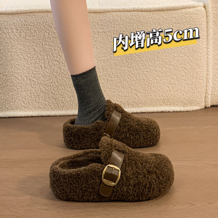 厚底勃肯包头毛毛拖鞋女外穿2025新款秋冬季一脚蹬保暖加绒棉拖鞋