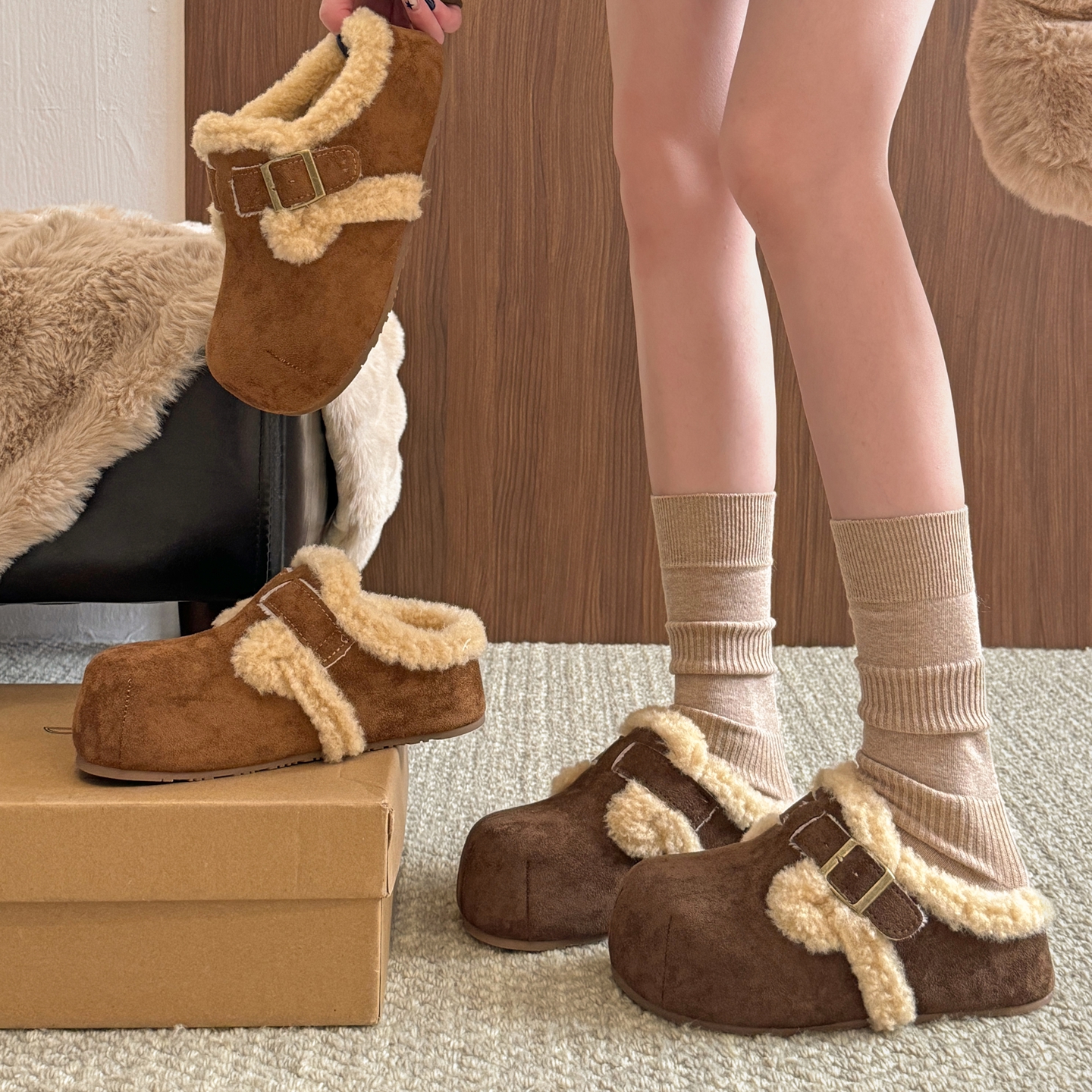 贾不假勃肯鞋女2025新款秋冬季棉鞋子加绒加厚毛绒包头半拖鞋外穿主图