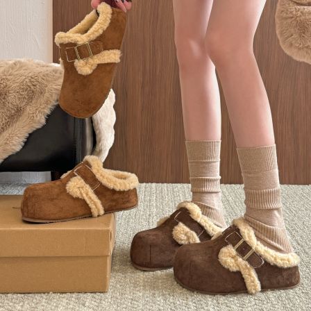 贾不假勃肯鞋女2025新款秋冬季棉鞋子加绒加厚毛绒包头半拖鞋外穿