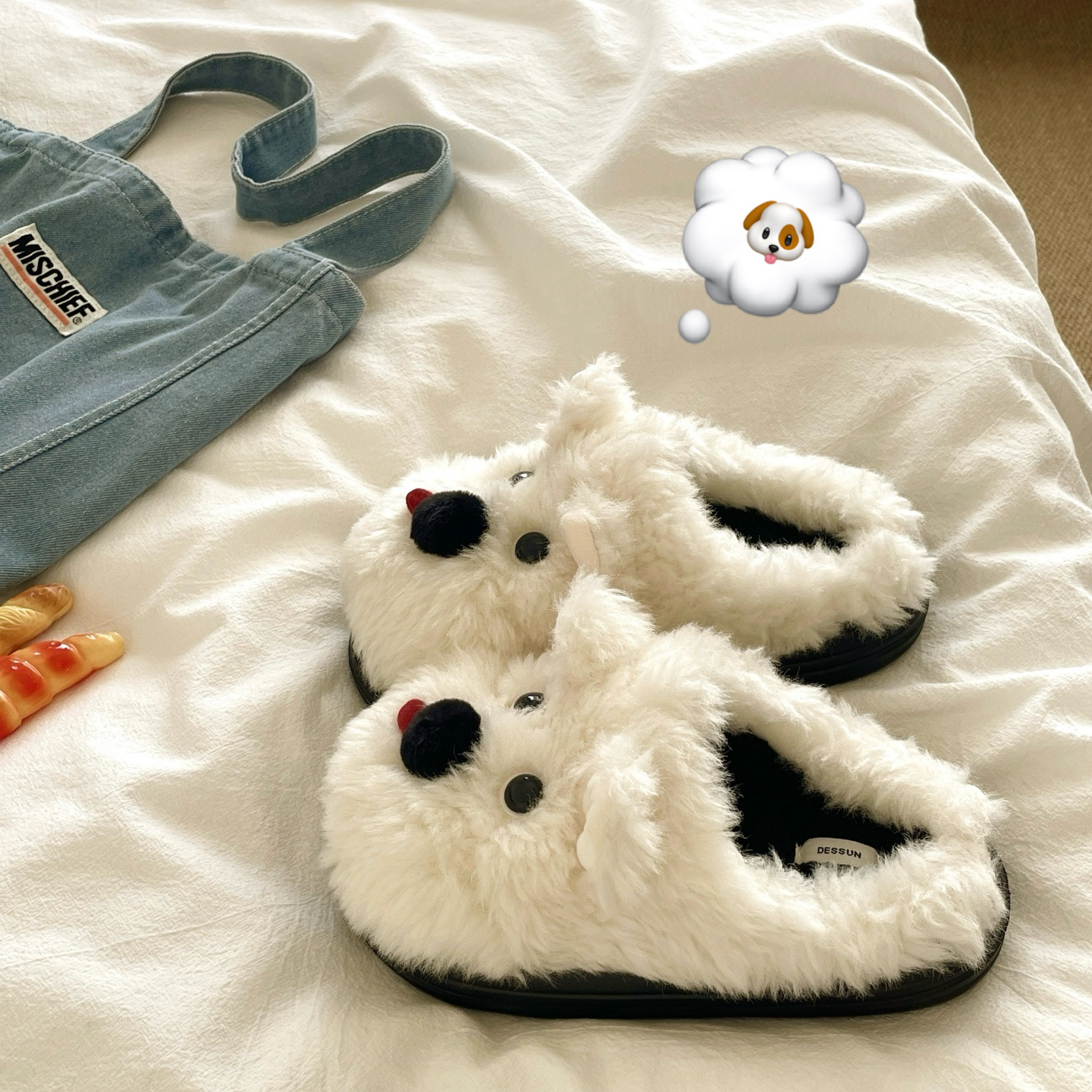 蓬松好rua~！可爱狗狗ins卡通加绒毛毛拖鞋女保暖冬季包头棉拖鞋主图