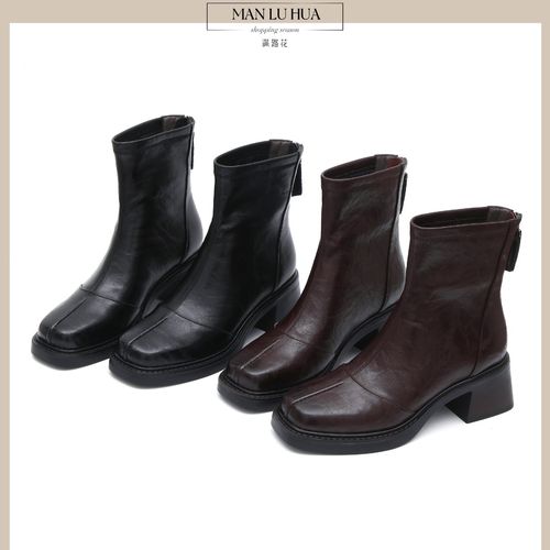 2025新款爆款弹力靴女粗跟短靴方头厚底秋冬加绒真皮瘦瘦靴小个子主图