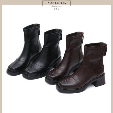 2025新款爆款弹力靴女粗跟短靴方头厚底秋冬加绒真皮瘦瘦靴小个子