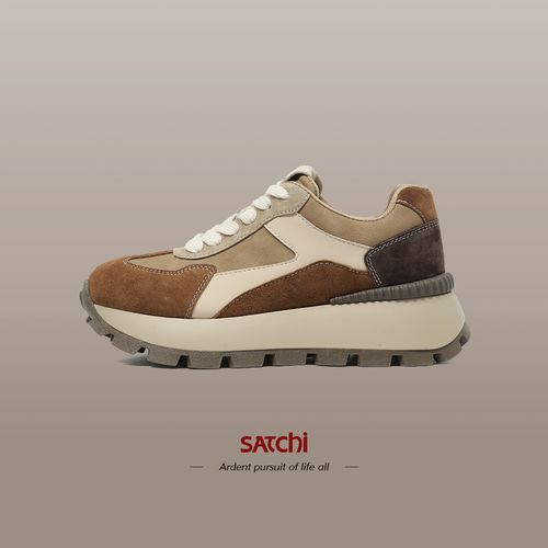 Satchi沙驰2025新款女式复古时尚华夫底猪皮厚底撞色四季华夫鞋主图