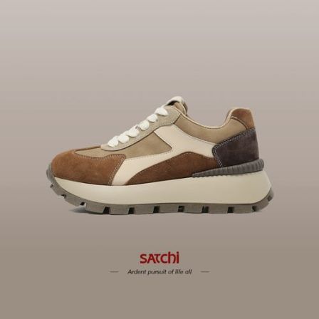 Satchi沙驰2025新款女式复古时尚华夫底猪皮厚底撞色四季华夫鞋