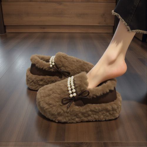 羊羔绒毛毛鞋女2025年新款冬季厚底珍珠小香风蝴蝶结加绒孕妇棉鞋主图