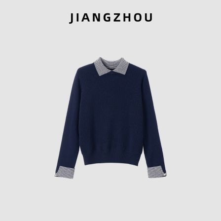 江洲【叠韵】保暖秋冬新款简约风百搭假两件翻领羊毛针织衫打底小衫
