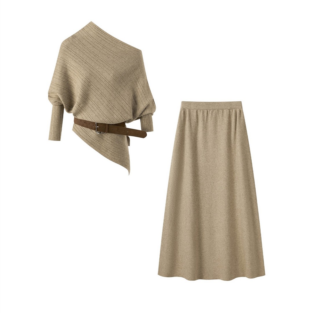 【三件套】法式斜肩T恤套装女配皮带气质高腰半身裙两件套15180主图