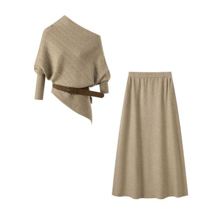 【三件套】法式斜肩T恤套装女配皮带气质高腰半身裙两件套15180