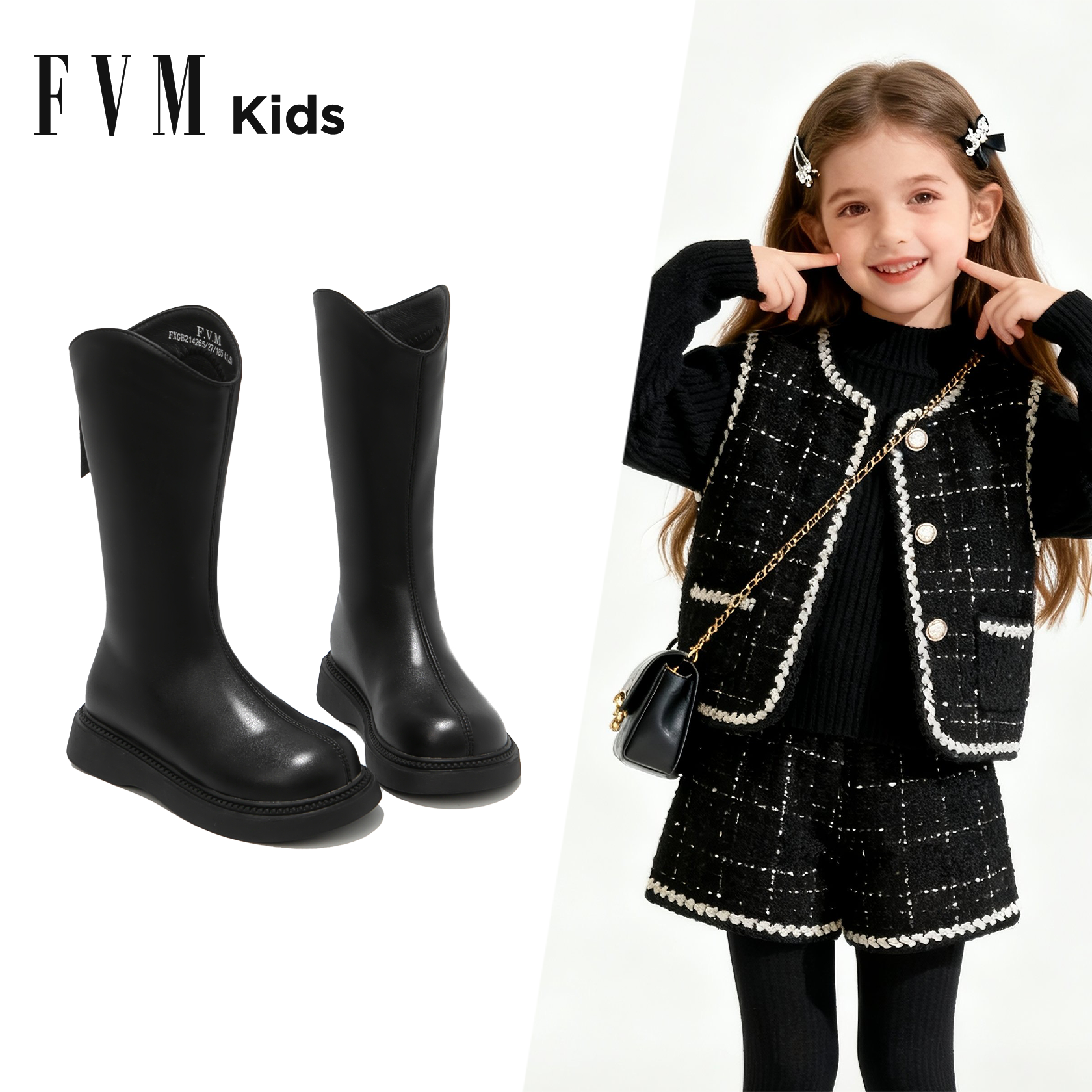 女童靴子儿童长筒靴2025新款秋冬季加绒马丁靴洋气女孩黑色小皮靴主图
