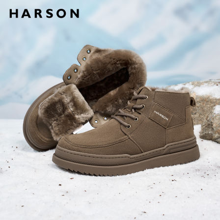 哈森男士户外雪地靴防滑加厚保暖羊毛棉靴东北真皮加绒短靴男棉鞋