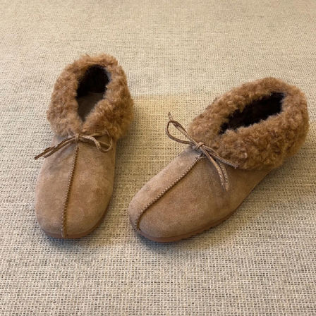 羊皮版~磨砂皮蝴蝶结深口懒人鞋女复古羊卷毛保暖平底舒适毛毛鞋