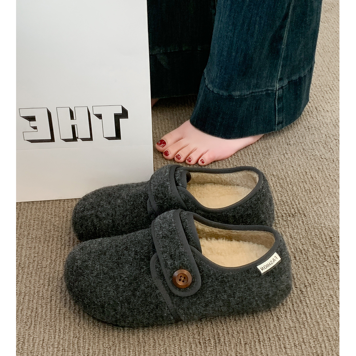 厚底灰色加绒豆豆勃肯鞋女毛毛鞋2025新款秋冬季鞋子保暖乐福棉鞋主图