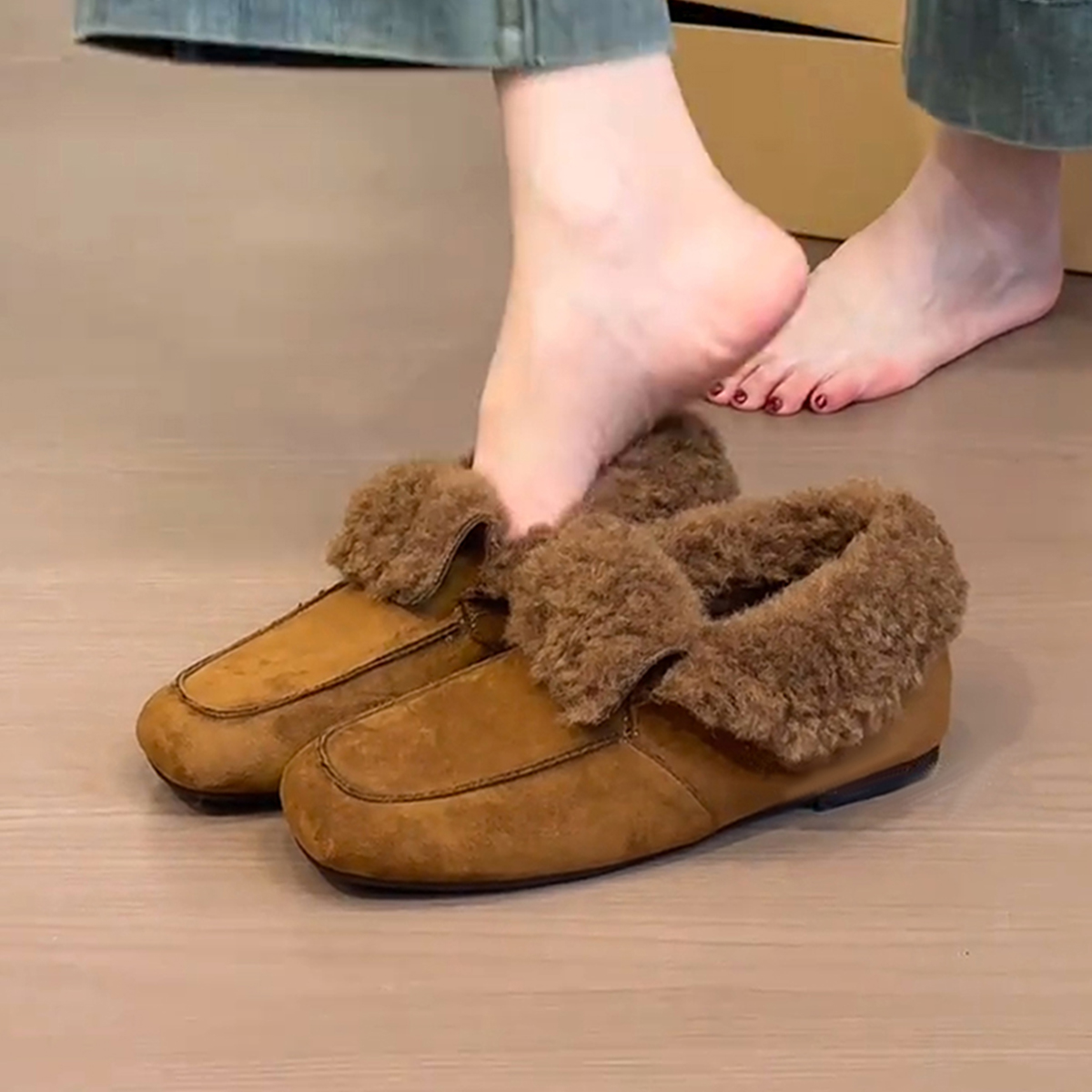 羊皮版~冬日复古绒面方头乐福鞋女一脚蹬翻毛加绒外穿内增高单鞋主图