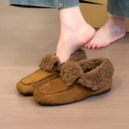 羊皮版~冬日复古绒面方头乐福鞋女一脚蹬翻毛加绒外穿内增高单鞋