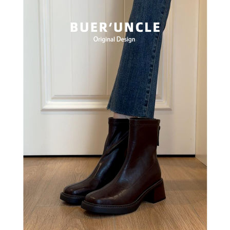 羊皮版！粗跟厚底短靴女冬季2025款美拉德复古棕色方头弹力瘦瘦靴