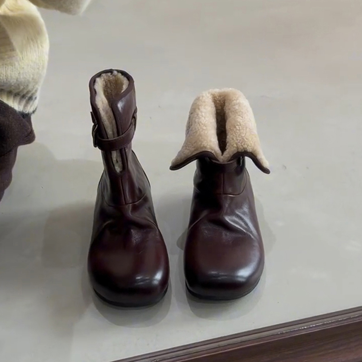 羊皮版~复古棕色真皮加绒勃肯棉靴女皮带扣内增高时髦小众雪地靴主图