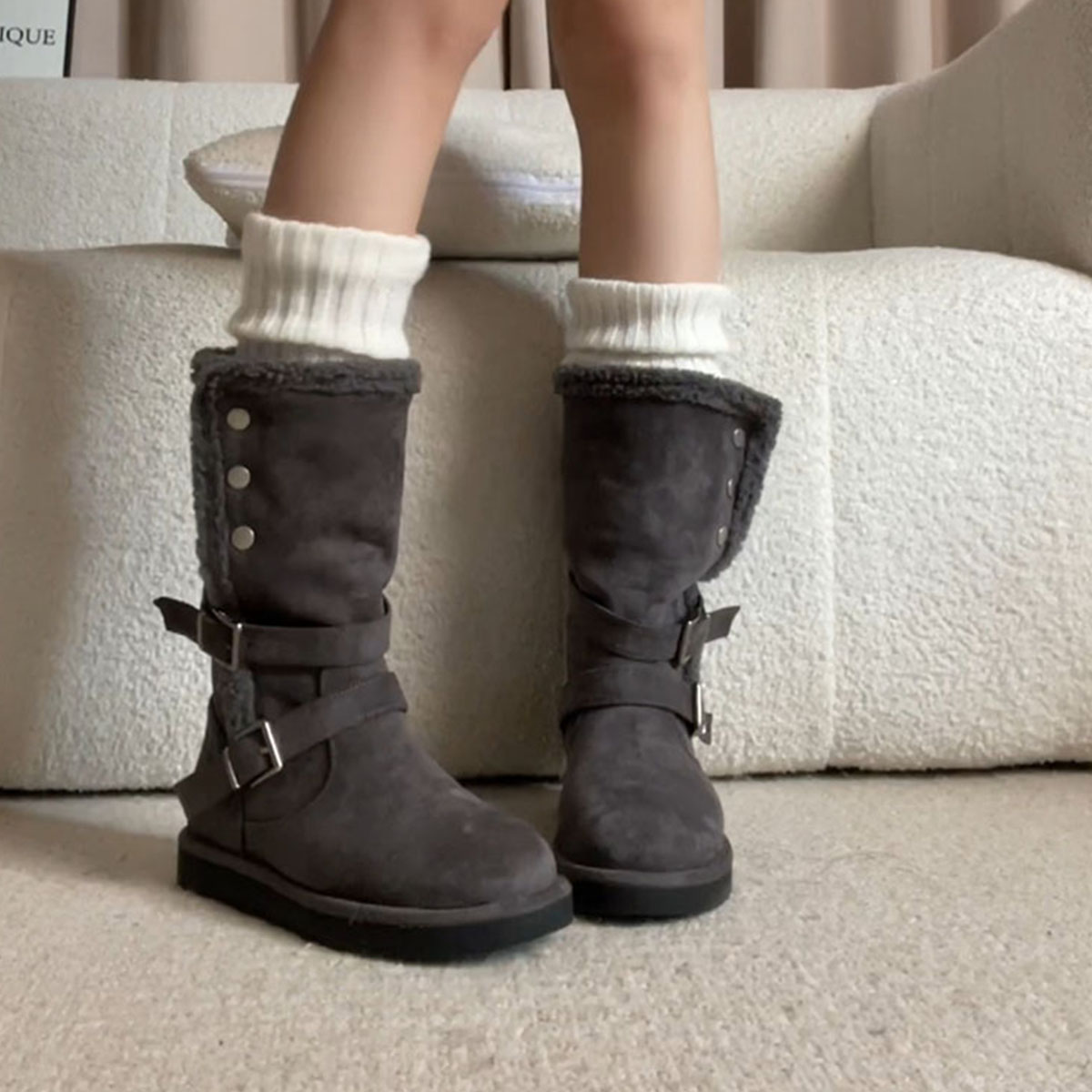 牛皮版~高级灰色绒面厚绒外穿东北雪地靴女皮带扣厚底毛毛中筒靴主图