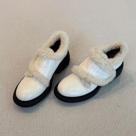 羊皮版~法式圆头厚底通勤加绒毛毛小皮鞋女魔术贴一脚蹬乐福鞋冬