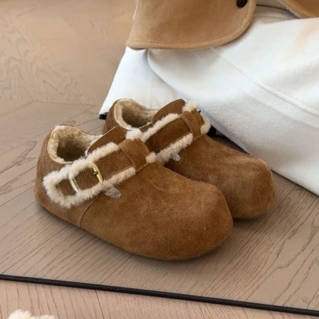 羊皮版~复古深口皮带扣内增高勃肯靴女一脚蹬磨砂皮加绒冬季单鞋