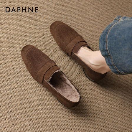 达芙妮加绒乐福鞋女2025新款英伦风棕色皮鞋女款平底单鞋保暖棉鞋