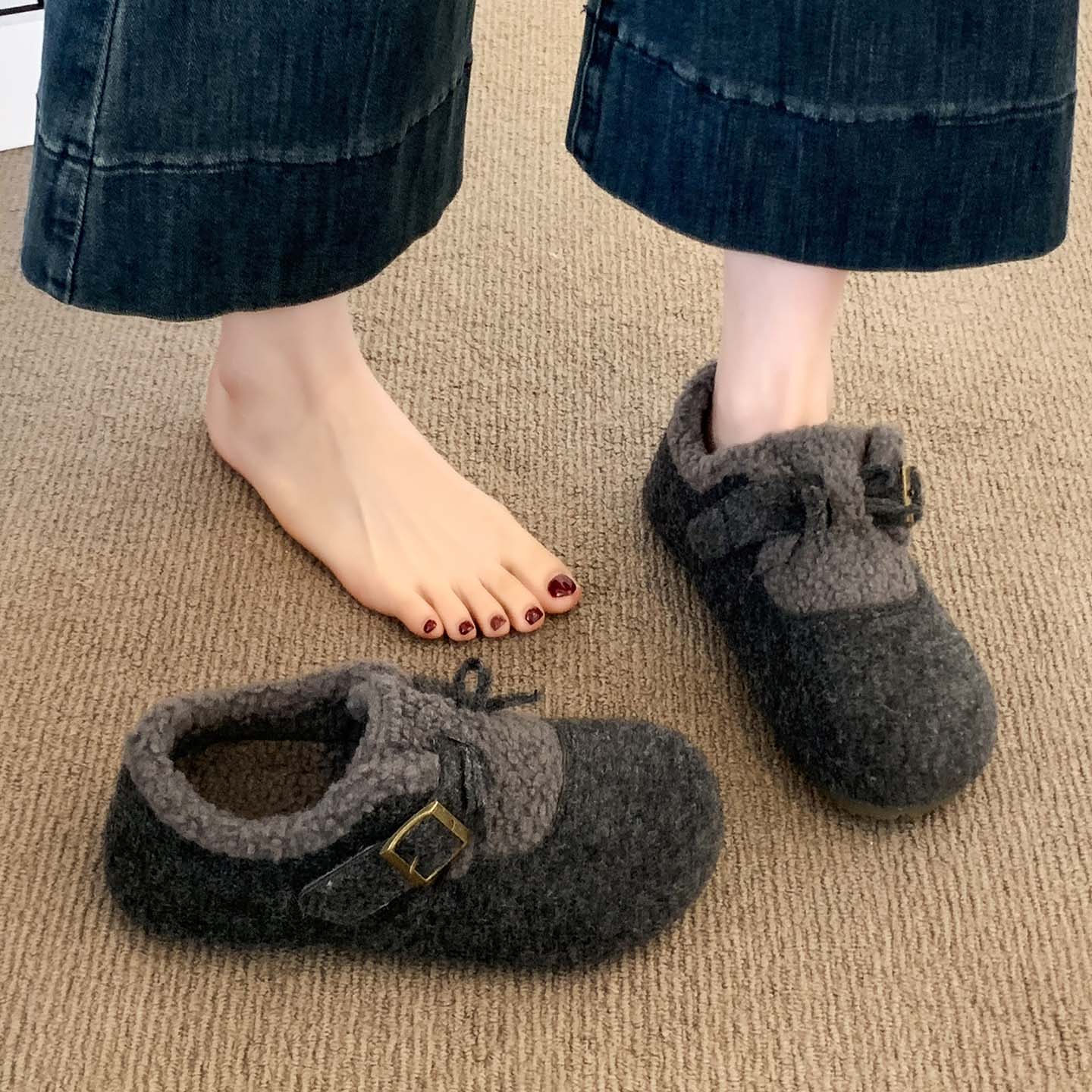 全包灰色勃肯鞋女2025新款爆款冬季一脚蹬孕妇加绒保暖博肯棉鞋子主图