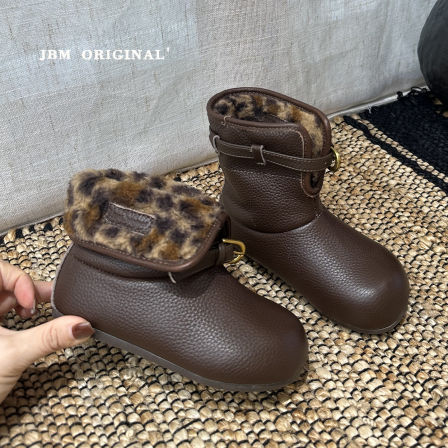 JBM 冬季儿童加绒豹纹小腰带靴女童时尚中筒靴毛毛两穿平底短靴
