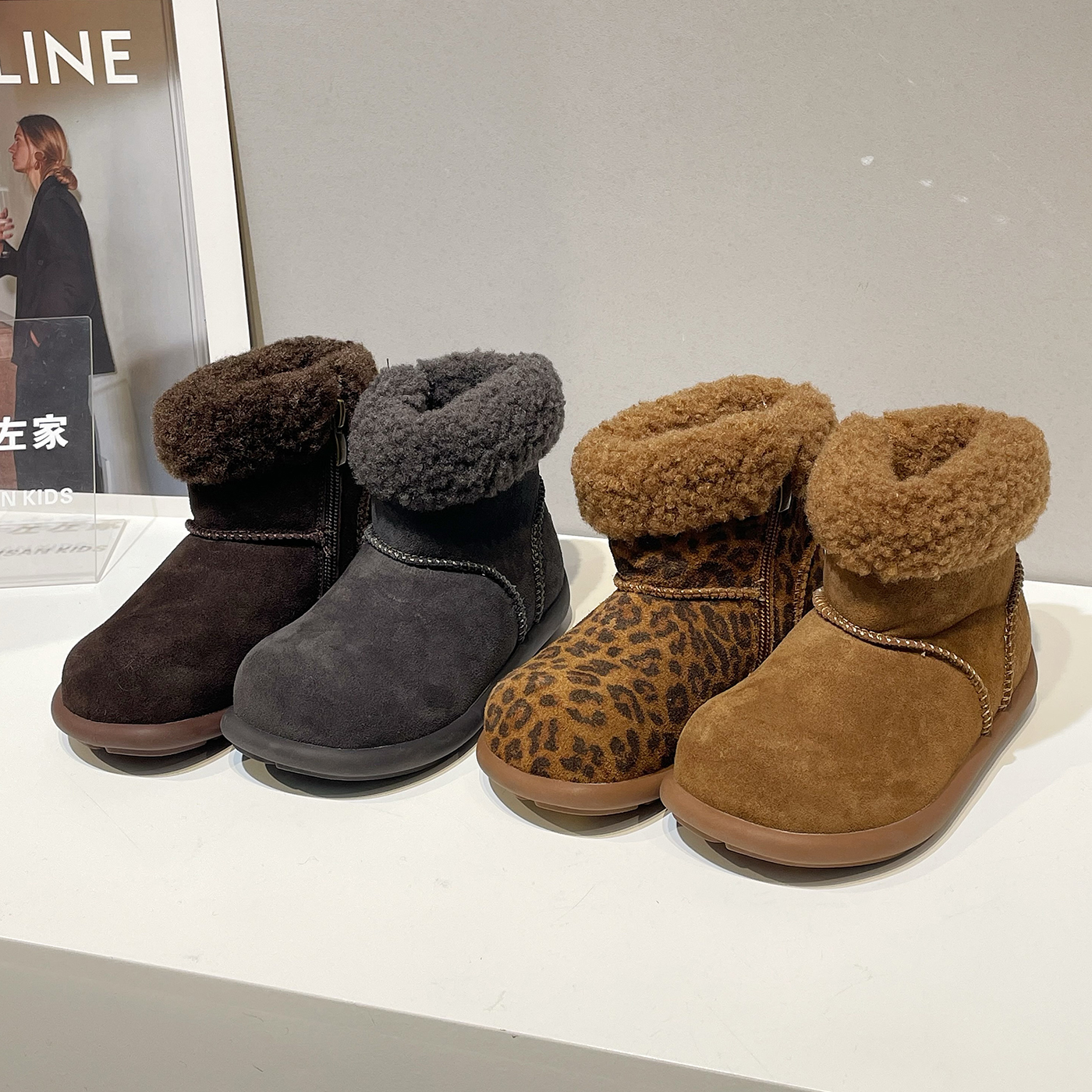 左左家男女童加绒加厚雪地靴冬季新款复古防滑保暖低帮丑萌短靴主图