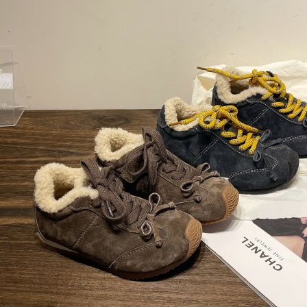 左左家儿童冬季加绒加厚运动鞋男女童复古防滑休闲时髦跑步德训鞋