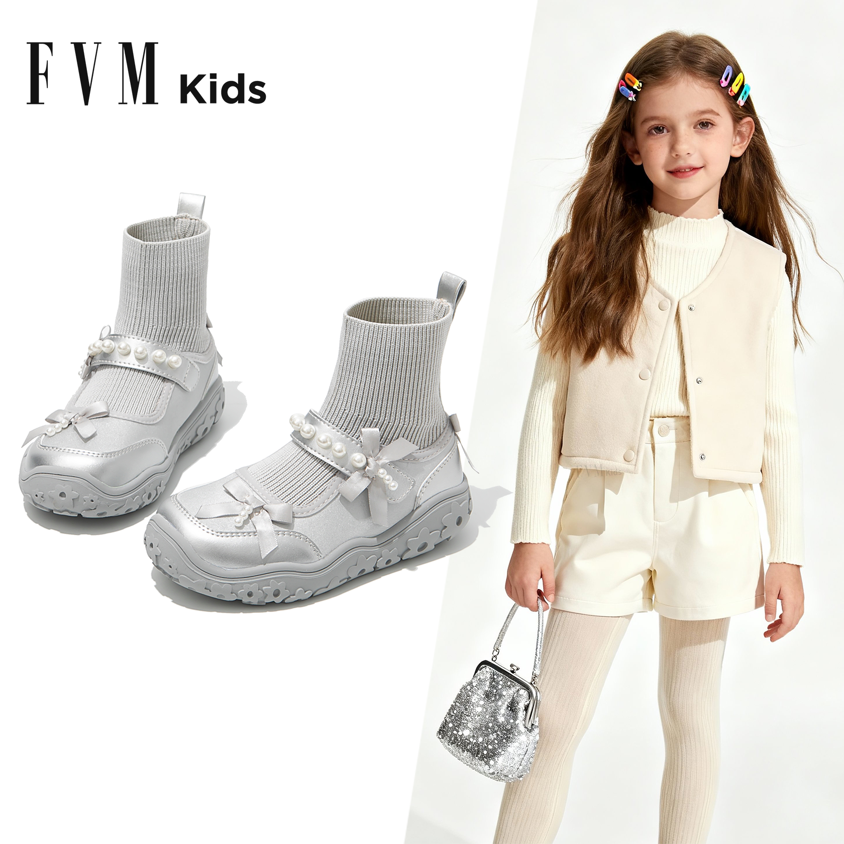 FVM女童鞋子儿童马丁短靴子2025新款秋冬季加绒女宝二棉洋气袜靴主图