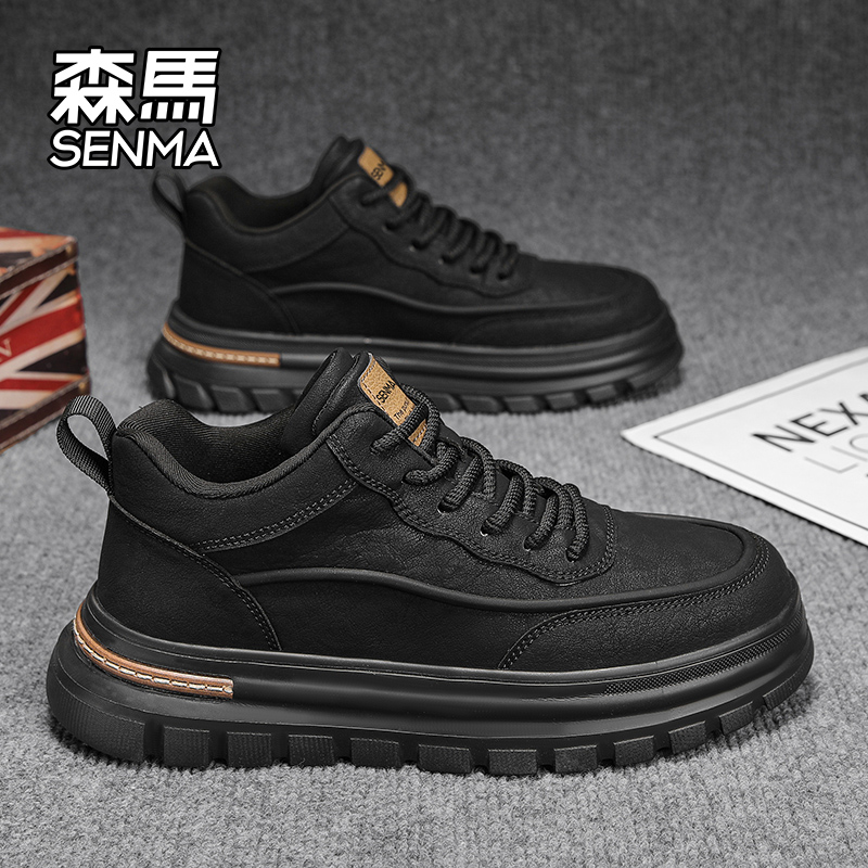 森马男鞋冬季潮流百搭黑色休闲皮鞋男士防滑耐磨运动工装马丁短靴主图
