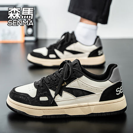 森马男鞋冬季潮流百搭黑白熊猫皮面板鞋青少年厚底增高休闲运动鞋