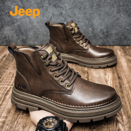 jeep男鞋马丁靴秋冬新款高帮英伦风皮靴男士真皮厚底防滑工装靴子