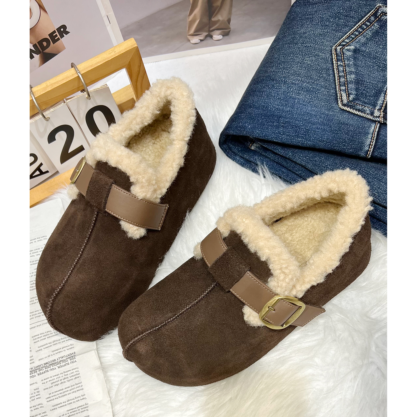 多多家欧洲站新款欧货时髦厚底绒毛勃肯鞋牛反绒增高鞋保暖女鞋主图