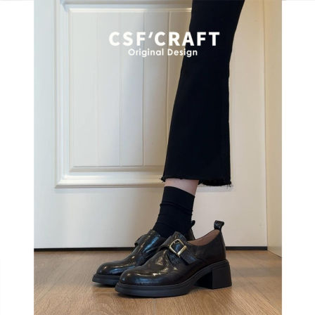 羊皮版~复古皮带扣乐福鞋女秋冬粗跟厚底百搭黑色小皮鞋通勤单鞋