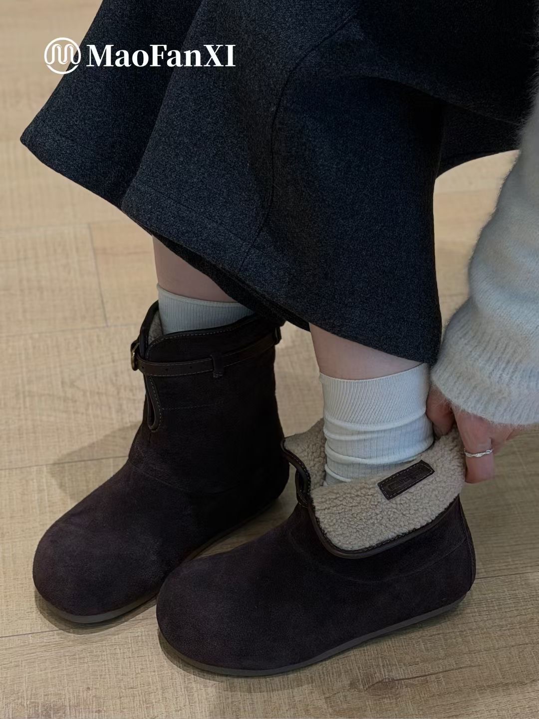 MFX 真皮女鞋2025冬真皮圆头短靴韩系雪地靴 125-03主图